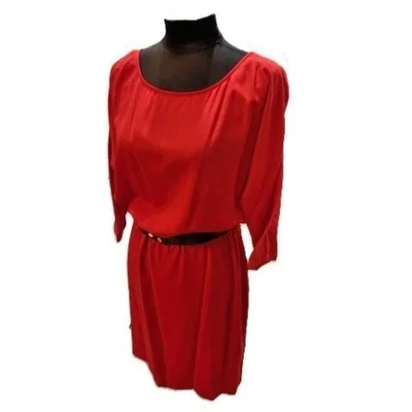 MICHAEL KORS Red Blaze Blouson Waist Dress, 3/4 Sleeve Removable Belt NWT $140 - Picture 3 of 16